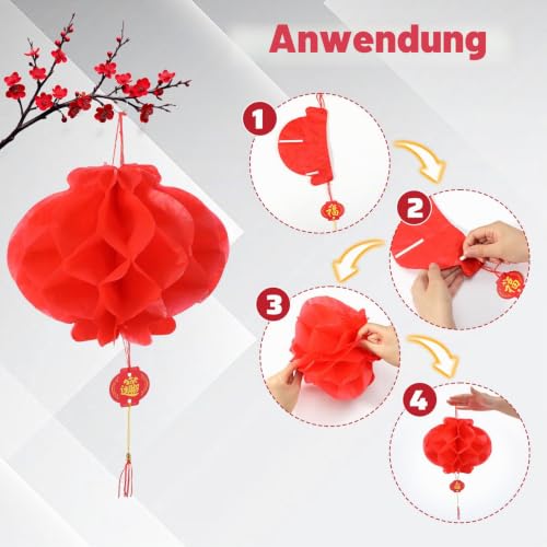 10 Stück Chinesische Laternen,24cm Rot Hängende Lampions,Faltbare Lampions Festival Dekoration,Wasserdichte Papierlaternen für Chinesisches Neujahr Dekoration – Bild 3