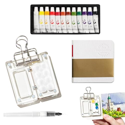 LIULINK Kit Aquarelle, Set Aquarelle Voyage Comprend Boîte Peinture Acrylique 8 Transparent Compartiments Carnet Croquis Pinceau Clips 12 Pigments Variés, Débutants...