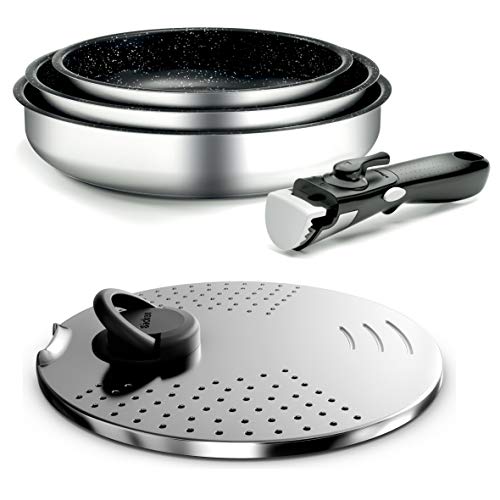 Backen 291505, Set de poeles 20-24-26cm, Induction,1 Couvercle Multipositions, Acier inoxydable, Revêtement antiadhésif, Empilable, Compatible...