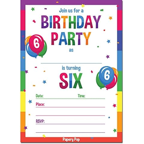 Papery Pop 6th Birthday Party Invitations with Envelopes (15 Count) - 6 Year Old Kids Birthday Invitations for Boys or Girls - Rainbow Cover
