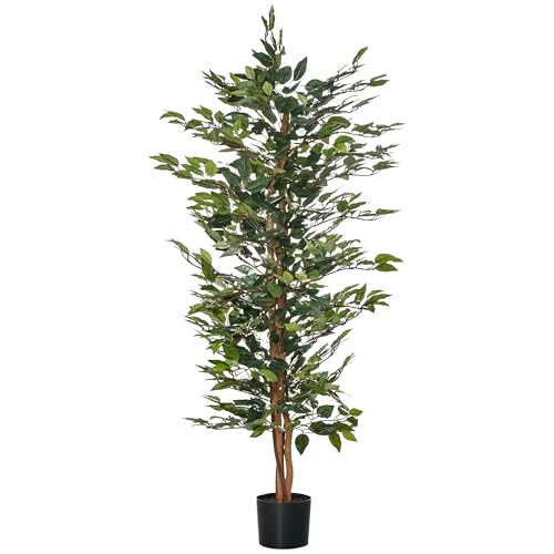 HOMCOM Ficus Artificial con Troncos 150 cm Planta Artificial con Macetas y 1008 Hojas Realistas para Decoración del Hogar Salón Dormitorio Ø17x150 cm Verde