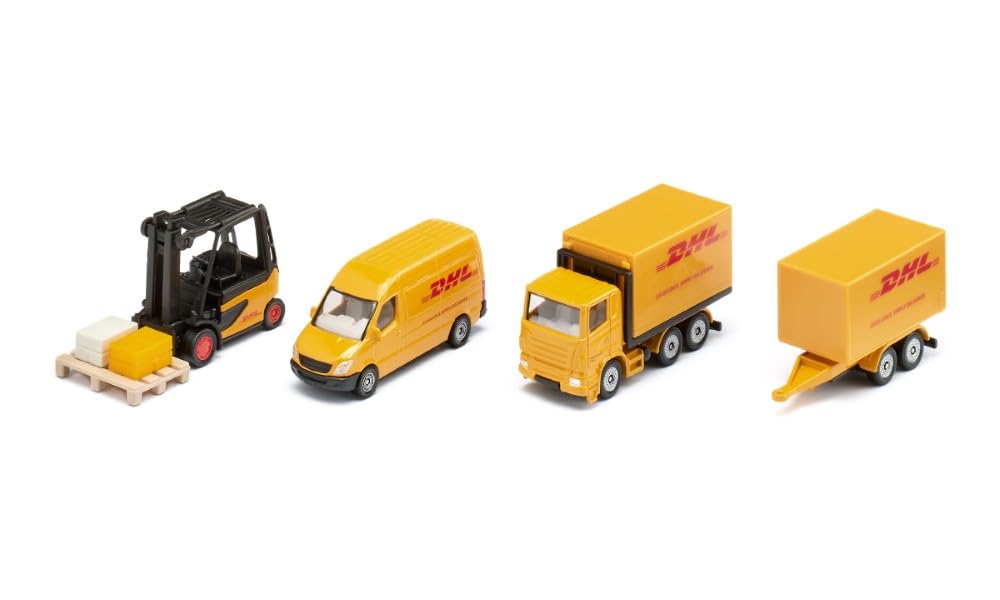 Siku 6324, Set logistico DHL, 4 pezzi, Metallo/Plastica, Giallo, Varie funzioni, Set di giocattoli, Combinabile con modelli stessa scala