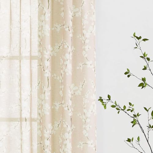 Image of BFAM Sheer Curtain with Floral Print, Premium Printed Sheer Drapes, Eyelet /Grommet Curtain for Living Room, Bedroom, Light Filtering Curtains, Beige Floral 5 Feet,Pack of 1 Curtain