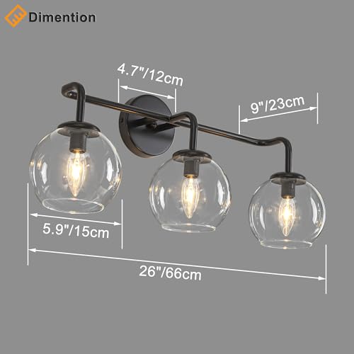 Image of Industrial Vanity Light Fixture, 3-Light Matte Black Farmhouse Globe Glass Bathroom Wall Sconce Lighting, E12 Base