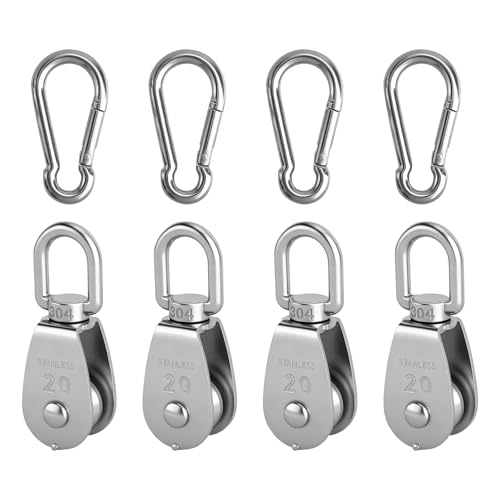 Kit Poulie pour Corde 8 Pièces, 4x Poulies M20 en Acier Inoxydable avec Roulement à Billes 4x Mousquetons M6 - Charge 75KG Rotation 360° Système de Poulie...