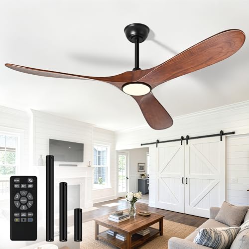 Image of 52 Inch Ceiling Fans with Lights and Remote, Wood Outdoor Ceiling Fan with 6 Speed Noiseless DC Motor, Indoor Modern 3 Blade Propeller Ceiling Fan for Bedroom Living Room Gazebo Patio(Walnut)