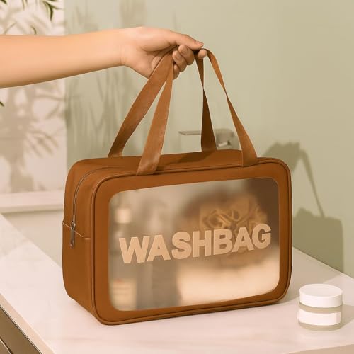 Image of Wazdorf Cosmetic Pouch Bag - Large Waterproof Wash Bag with Handle, Translucent Cosmetic Organizer for Makeup, Brushes & Accessories - Unisex Storage Pouch for Travel & Bathroom Use (Brown - 3 Pcs)