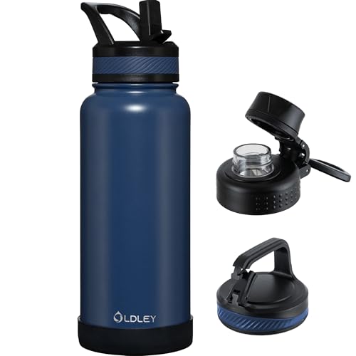Image of OLDLEY 1L Insulated Stainless Steel Water Bottle with Straw, Leakproof 1000ml Metal Water Bottles with 3 Lids & Handle, Double-Walled Vacuum Flask Keep Hot and Cold for Sports, Travel (Navy Blue)
