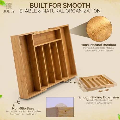 JODLY Bamboo Kitchen Utensil Drawer Organizer for Silverware | 100% Natural Expandable 14-20 Inch Kitchen Drawer Organizers for Utensils | Non-Slip Base | Screwed Joints for Long-Lasting Durability - Image 2