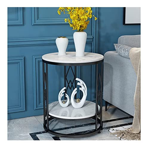 Table d'angle à deux niveaux de rangement ronde marbre pour optimiser petit salon - 2