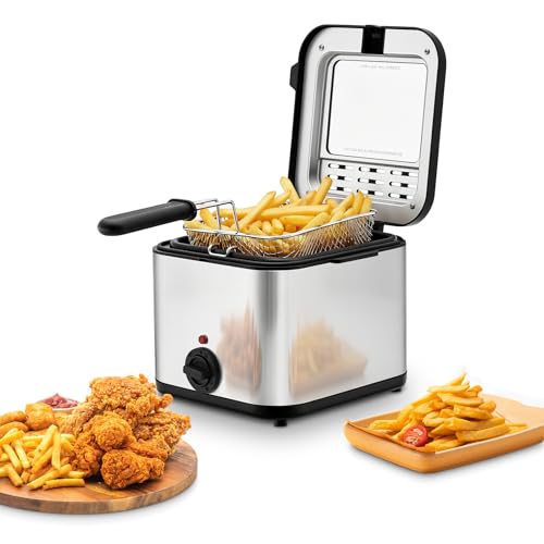 2.64-Quart Deep Fryer w/Basket Strainer,1000W Electric Deep Fryer with Adjustable Temperature Control(176-374 ℉),for Fried Chicken, Shrimp, French Fries, Chips & More, Removable Oil-Container