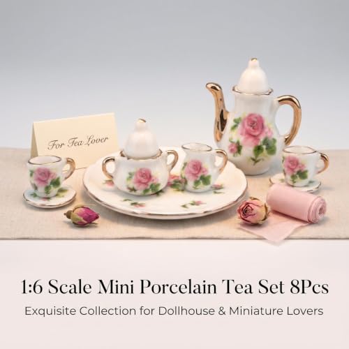 Image of Miniature Tea Set 1 /6 Scale Dollhouse Accessories Porcelain Little Rose