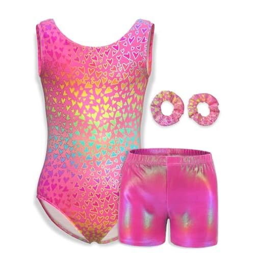 MOLLDAN Girls Gymnastics Leotard Athletic Biketard Unitard Tumbling Activewear Outfits for kids Pink Heart Set 6Y(6-7 Years)