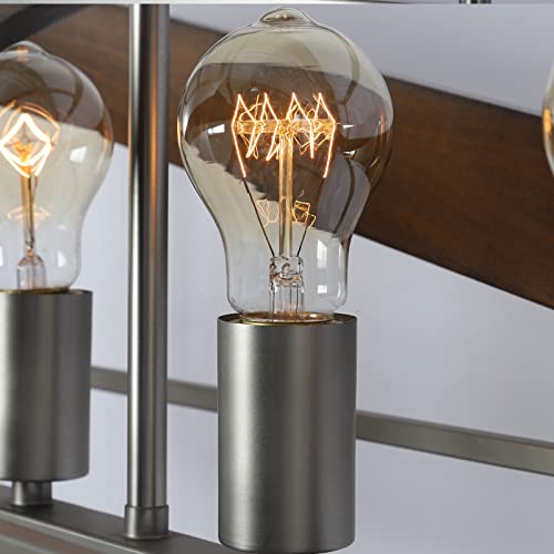 32" Large Rustic Farmhouse Chandelier Pendant Lights Kitchen Island, 5-Light Rectangular Wood Silver Metal Dining Room Light Fixtures Over Table, Linear Cage Hanging Lighting Fixtures Ceiling Foyer #TOP5