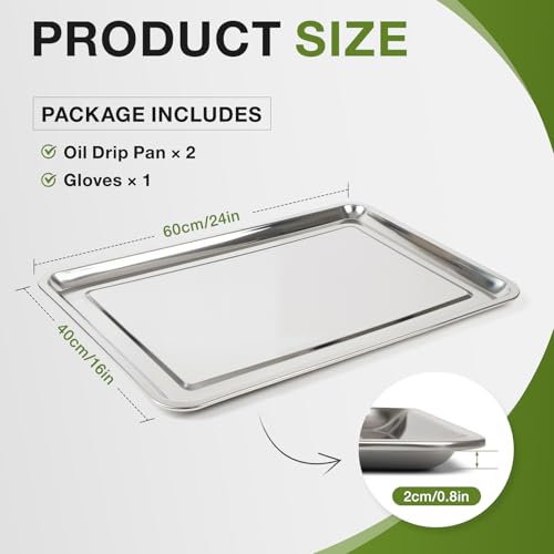 OPSOOPI Stainless Steel Oil Drip Pan Set (2pcs, 23.6 × 15.7 × 0.8 in) with Gloves – Heavy Duty Metal Oil Drip Pan to Keep Floors Clean for Under Car & Garage Use
