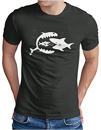 OM3 Survival of the Fittest T-Shirt - Herren - Hai Fisch Attack Darwin - Dark Grey L
