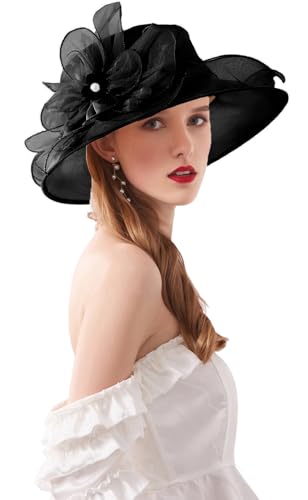 RZTA Womens Kentucky Derby Church Dress Hat Wide Brim Leaf Flower Bridal Shower Hat T1 Black