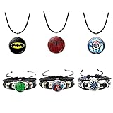 【Packungsinhalt】6 klassische Arten von Marvel-Halsketten, einschließlich Captain America-Anhänger-Halskette, Spider-Anhänger-Halskette, Batman-Anhänger-Halskette, Captain America-Armband, Spider-Armband, Hulk-Armband. Sie sind einzigartig und schön, animierte Aufkleber sind niedlich und einzigartig.