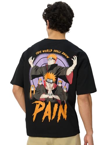 Image of The Souled Store Naruto Shippuden: Pain Men and Boys Short Sleeves Round Neck Black Graphic Printed Cotton Oversized T-Shirts