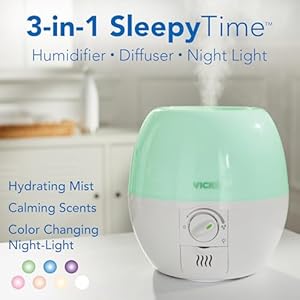 Vicks 3-in-1 SleepyTime Humidifier, No. 1 Brand Recommended by Pediatricians*. Cool Mist Humidifier with Night-Light, and Essential Oil Diffuser for Baby and Kids rooms. Visible Cool Mist, White. Vicks 3 in 1 SleepyTime Humidifier No 1 Brand Recommended by Pediatricians Cool Mist Humidifier with Night Light and Essential Oil Diffuser for Baby and Kids rooms Visible Cool Mist White