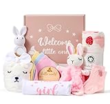 Encausto Baby Girl Gifts Basket, Newborn Girl Essentials for Baby Shower, Hooded Bath Towel, Muslin Swaddle Blanket, Girl Bodysuit, Bunny Rattle, Lovey, Baby Bibs, New Mom Gifts Box for Women