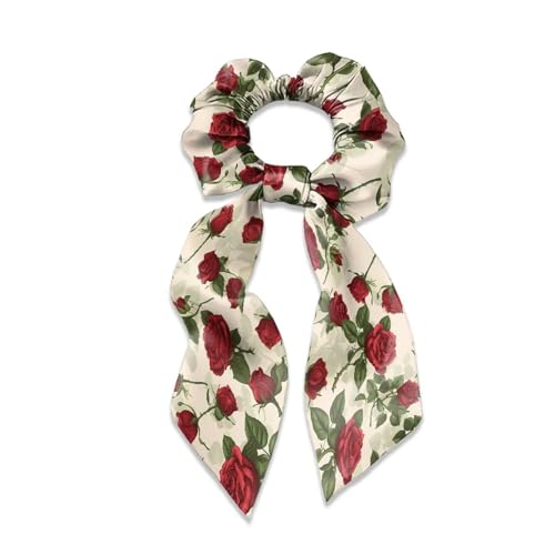 Qehuruxo Rose Hair Scarf Scrunchies Bow Hair Tie Ponytail Holder Scrunchy Elastic Bands Ties for Curl and Straight Hair Accessories for Women Girls