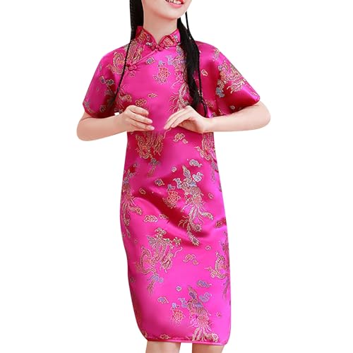 Girls Cheongsam Qipao Dress Chinese Floral Dragon Pattern, Wedding New Year Party Dress, Short Sleeve Holiday Outfit
