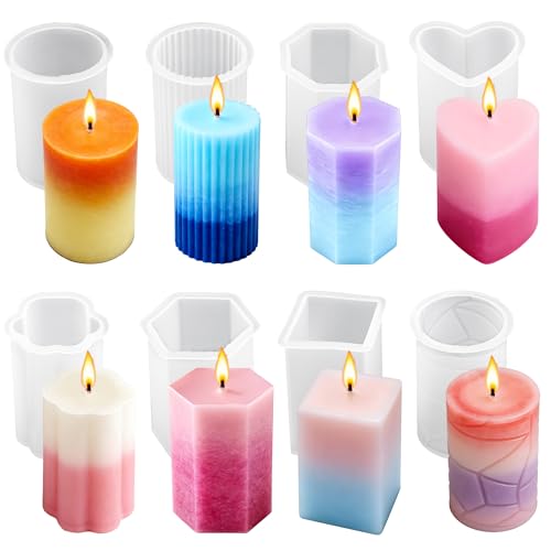 8PCS Reusable Silicone Candle Molds Set - Cylinder/Hexagon/Octagonal/Heart/Flower/Square Shapes for DIY Candle Making Soap Resin Crafts Easy Release Candle Making Kit (8 Cylinder & Hexagon)