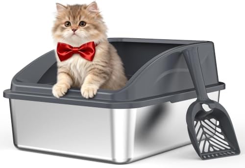 FURTIME Katzenklo Edelstahl, Katzentoilette Edelstahl 18L mit Schaufel, Katzenklo Metall mit Hochwandigem Seitengehäuse Auslaufsicher Gegen Verschüttungen für Kätzchen,Neugeborene