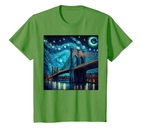 Brooklyn Bridge New York Starry Night T-Shirt, Youth, Grass Green, X-Small