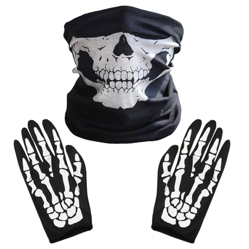 UILYNIU 2 peças máscara de esqueleto luvas de skeleto, balaclava de caveira Halloween, luvas curtas fantasma, Halloween disfarces, para Halloween, carnaval, cosplay, Preto