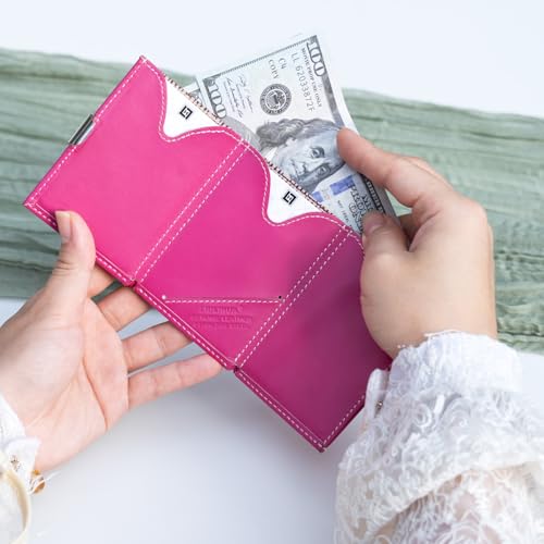 Image of LLH Leather Trifold Wallet - RFID Blocking with Stainless Steel Locking Clip Wallet, Minimalist Front Pocket RFID Blocking Credit Card Holder (Pink)