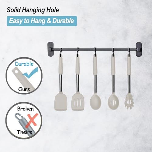 Image of Silicone Spatula and Cooking Spoon,5 Pack Non-Stick Cooking Utensils for Kitchen，Heat Resistant Solid & Slotted Spoons and Spatulas, Stainless Steel Handle Coated with Silicone, Khaki