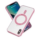 Yetagso Magnetic for iPhone X/iPhone Xs Case,Electroplated Edge Clear Back Slim Protective Phone Case with Camera Protection,Compatible with MagSafe,Pink Edge