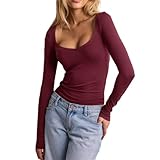 Caractéristiques: T-shirt femme à manches longues et encolure carrée bordée de dentelle, décolleté plongeant, slim fit, couleur unie