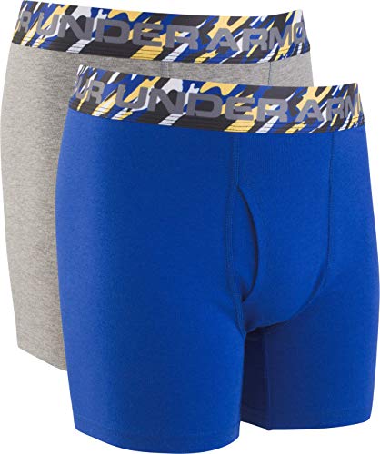 Under Armour Big Boy's 2 Pack Solid Cotton Boxer Briefs Underwear, Royal/Graphite, Medium (10/12)