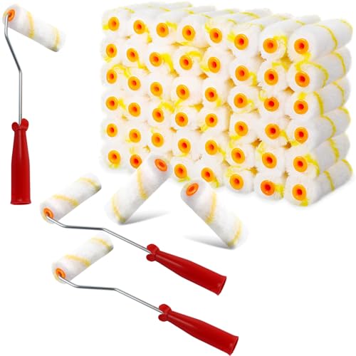 WOPPLXY Lot de 60 Rouleau Peinture, Longueur 10cm Petit Rouleau Peinture avec 3 x Longueur 30cm Manche, Mini Rouleaux Peintures pour Rénovation et Travaux de...