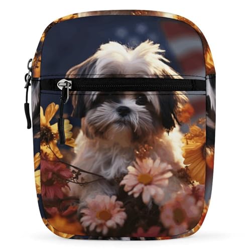 Personalized Small Crossbody Bag Water Resistant Messenger Bags Mini Shih Tzu Dog And Flowers Printing SlingBag For Men Women