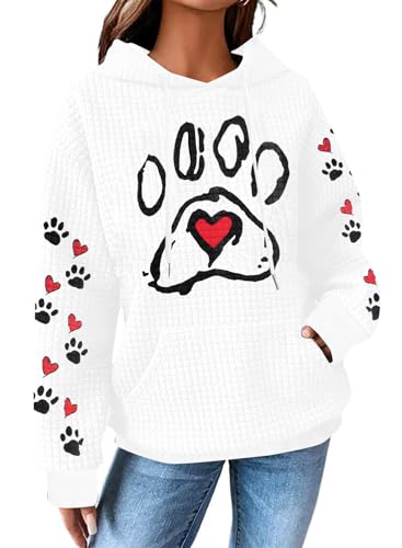 MNLYBABY Dog Mom Hoodies Women Dogs Paw Graphic Sweatshirts Hooded Pullover Pets Lovers Waffle Knit Tops Pure White
