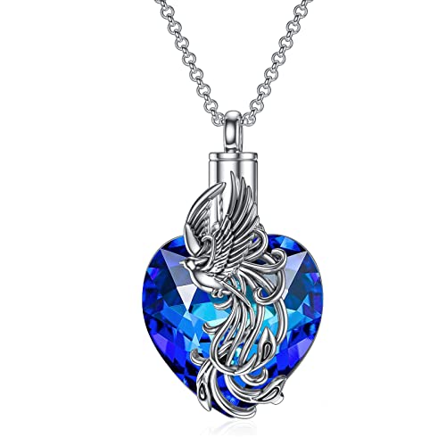 PROESS Collier phénix enArgent Sterling 925 Collier urne funéraire pour cendres, collier urne en cristal bleu cœur pour cendres pour femmes bijoux commémoratifs Cover