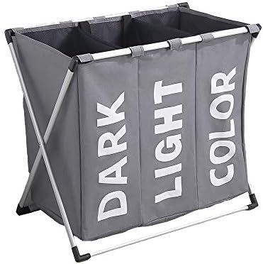 3 Sections Laundry Hamper with Waterproof bags & Aluminum X-frame, Folding Laundry Basket Dirty Clothes Sorter Bag, Gray Durable Dirty Clothes Bag for Bathroom Bedroom Home, College, 25''x15''x22''