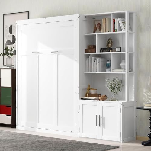 MERITLINE Full Size Murphy Bed with Bookcase Shelves and Storage Cabinet, Wood Folding Murphy Wall Bed Cabinet