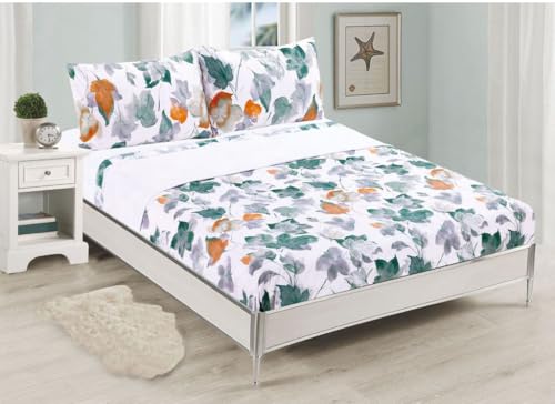 BESCH Juego de Sábanas de 4 Piezas -Ropa de Cama Poliéster para Cama de 135 - Sábana Encimera 210x270cm, Bajera 135x200+25cm y 2 Funda Almohada 45x75cm (Hojas Acuarela)