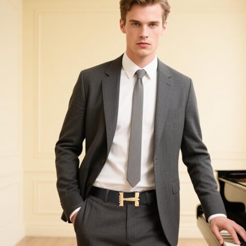 Image of Aurolran Men&Womens Leather Dress Belt Business Automatic Buckle Belt Color-Black Silver Gold