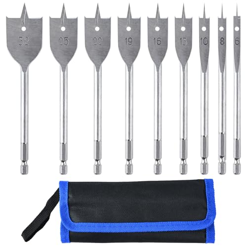 9Pcs Spade Drill Bit Set 6-32mm, Heavy Duty Flat Wood Drill Bits with 1/4 Quick Change Hex Shank, Carbon Steel Paddle Bit Kit with Storage Pouch for Wood Plastic Chipboard