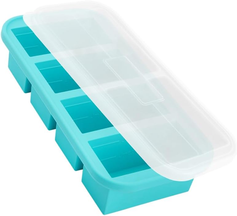 Freezy Portions Silicone Freezer Tray with Lid, Aqua - Meal Prep Freezer Container with Reinforced Steel Ring, Flexible BPA-Free Mold for Soup, Sauce, Broth, Leftovers - Oven & Dishwasher Safe - Pack