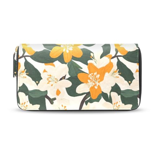 Long Wallets Leather Bifold Wallet for Women White Orange Flower with Zipper Credit Card Holder Large Capacity