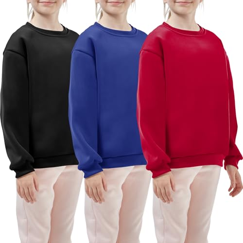 Silkfly 3 Pack Children Long Sleeve Fleece Sweatshirt Crew Neck Pullover Sport Solid Tops for Boys Girls