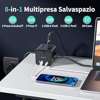 Ciabatta Elettrica Multipresa con 4 Prese Universali 10/16A ITA e Schuko, 2 M Prolunga Elettrica con 2 USB A+2 USB C,Presa Multipla Spina Piatta Salvaspazio con Interruttori per Casa, Ufficio Nero