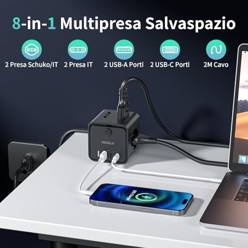 Ciabatta Elettrica Multipresa con 4 Prese Universali 10/16A ITA e Schuko, 2 M Prolunga Elettrica con 2 USB A+2 USB C,Presa Multipla Spina Piatta Salvaspazio con Interruttori per Casa, Ufficio Nero - Immagine 1